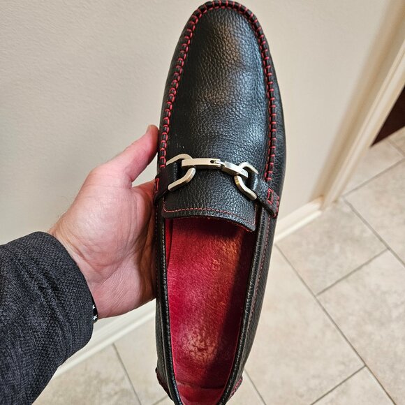 Donald Pliner Men's Soft Leather Horsebit Loafers, Black/Red, Sz 12 - Picture 11 of 16